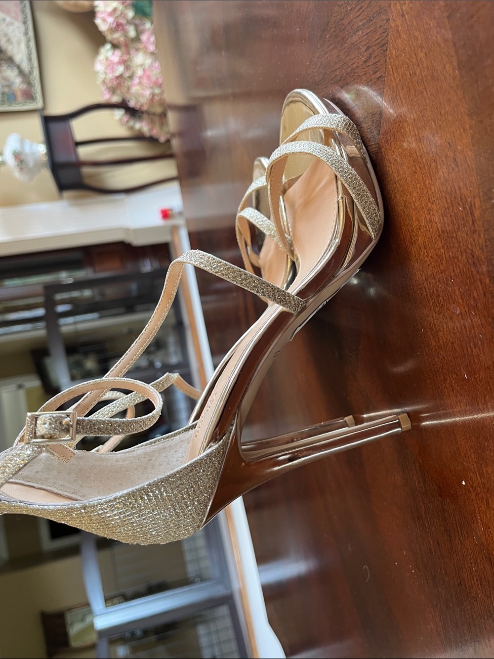 Jewel by Badgley Mischa, Metallic Gold Strappy Heels with Glitter Accents - Picture 2 of 4